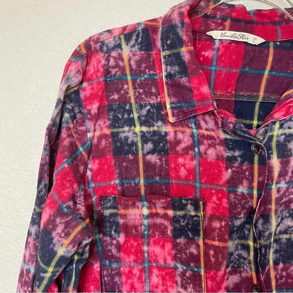 VANILLA STAR Red Plaid Bleached Button Down Shirt Size L - Picture 2 of 7
